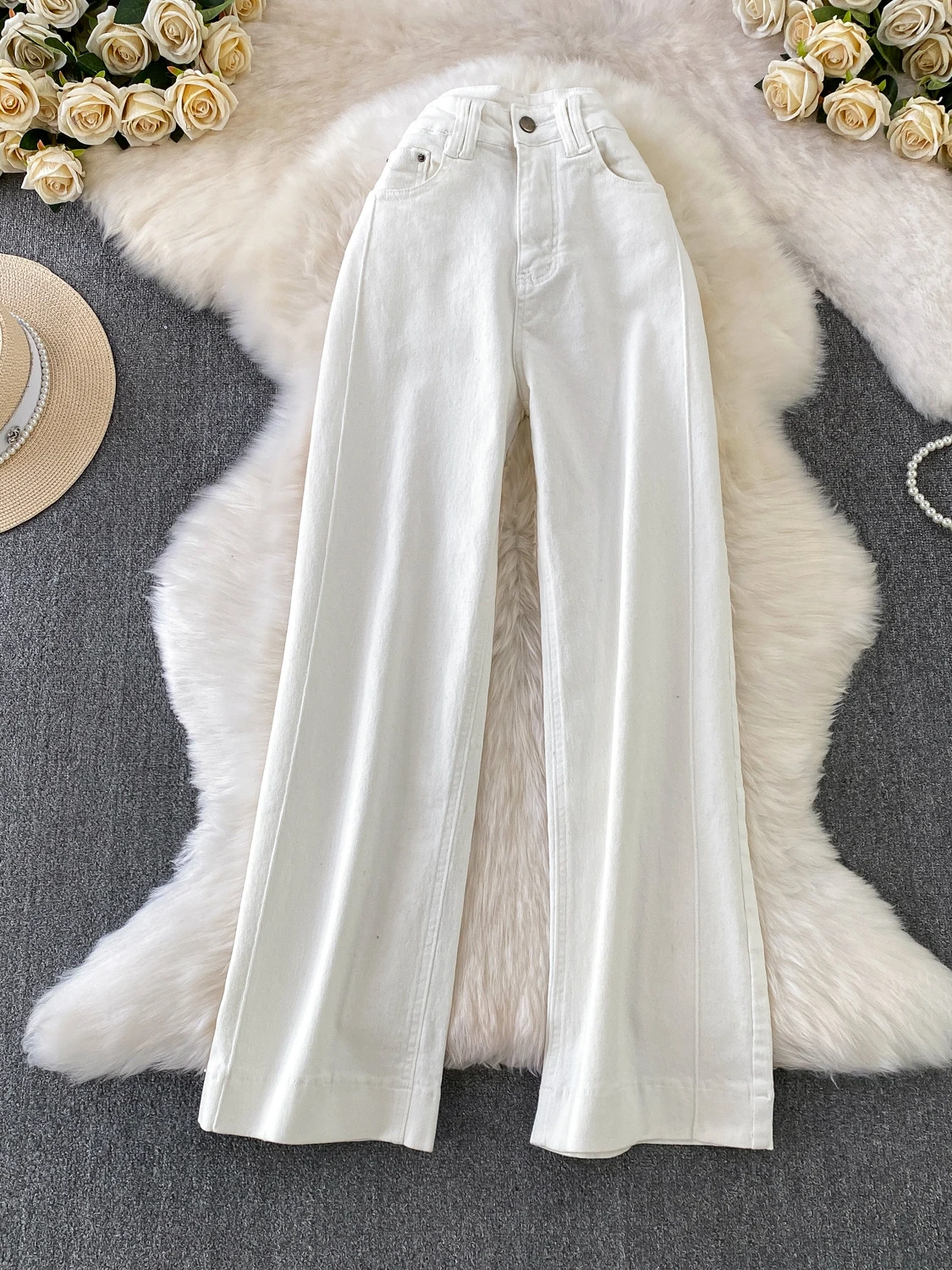 

Белые прямые джинсы с высокой талией, женские модные повседневные свободные зимние брюки, новые джинсовые брюки