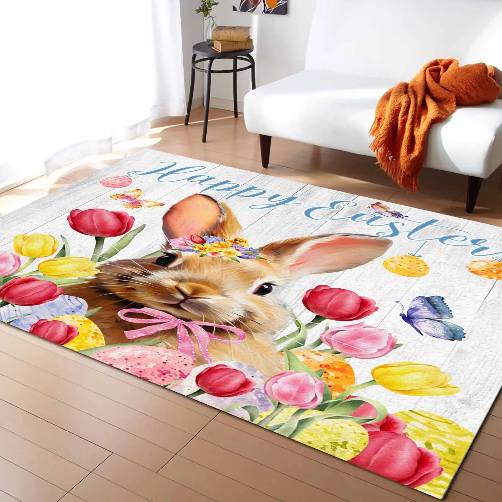 

Easter Tulip Rabbit Butterfly Egg Living Room Floor Mat Children's Bedroom Bedside Carpet Kitchen Door