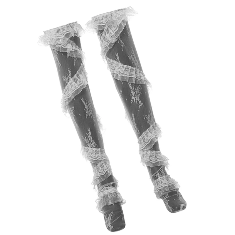 Sheer Thigh High Stockings for Women Ruffle Spliced Flower Lace Over Knee Socks