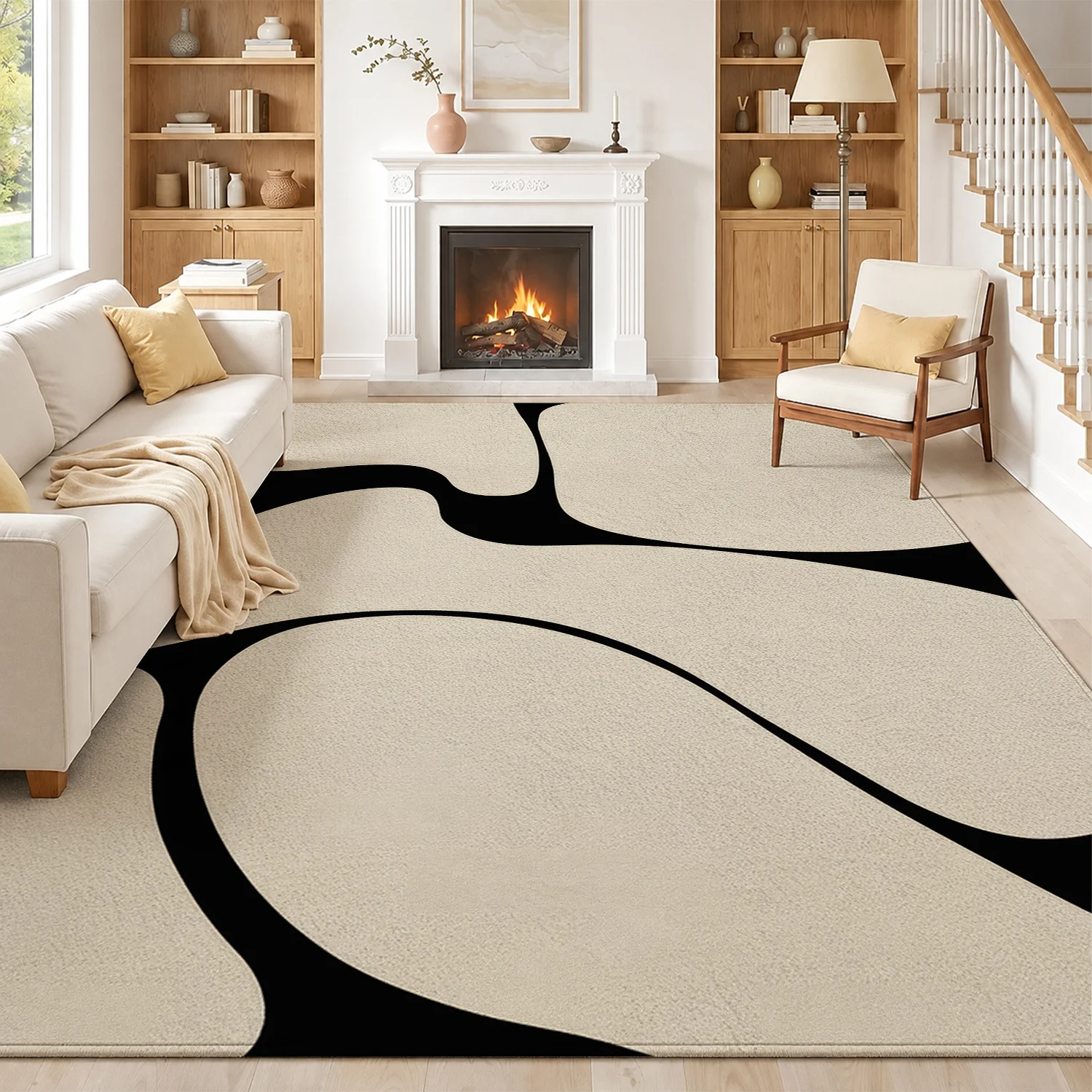 Large Indoor Area Rug, Soft Velvet Low Pile Non-slip Dotted Backing, Machine Washable Modern Abstract Black Beige Organic Pattern, Ideal for Living Room and Bedroom Home Decor