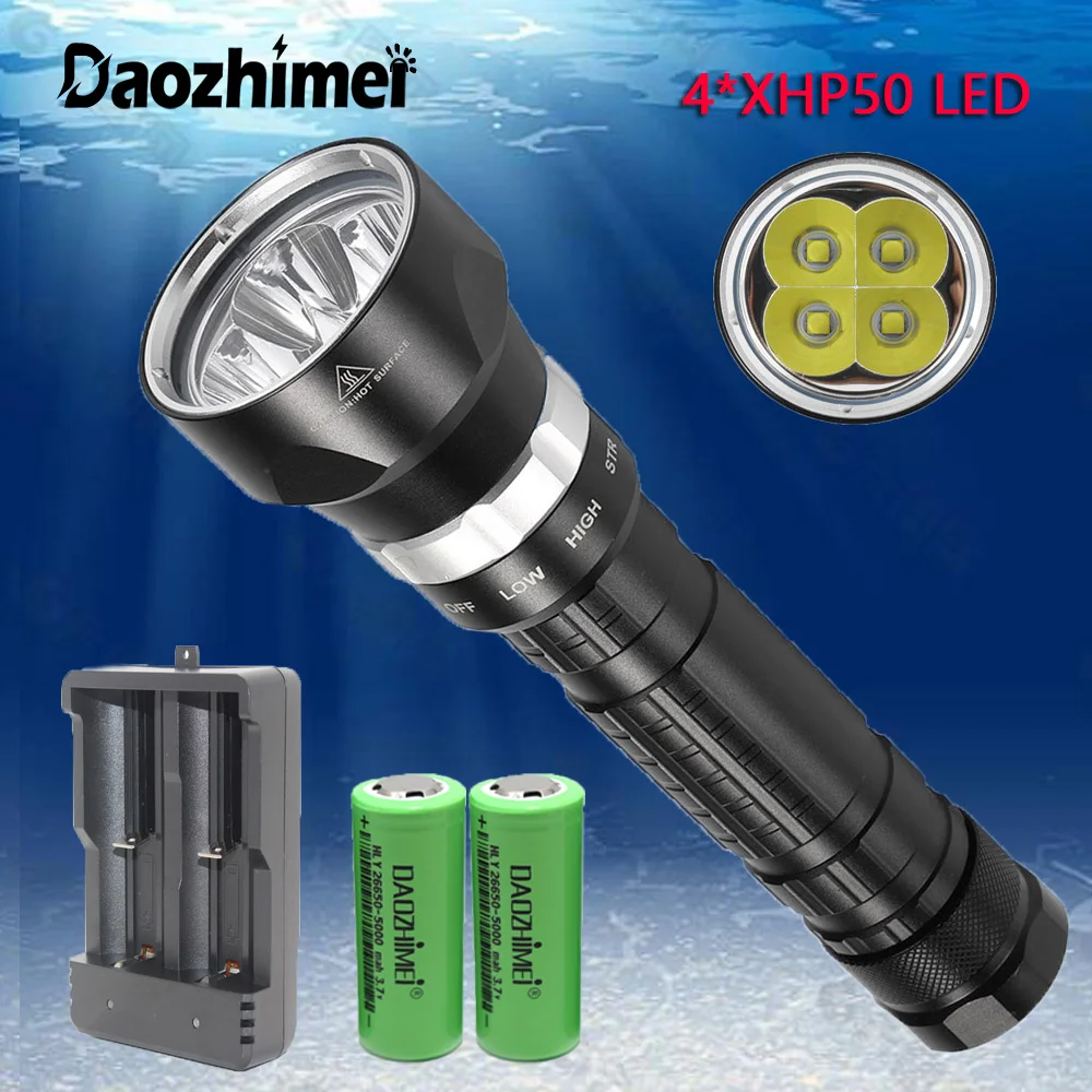 6000 lumens Diving Flashlight 3 Mode IPX8 Waterproof Underwater 4*XHP50 LED dive Tactics Lamp 26650 Diver hunting Torch