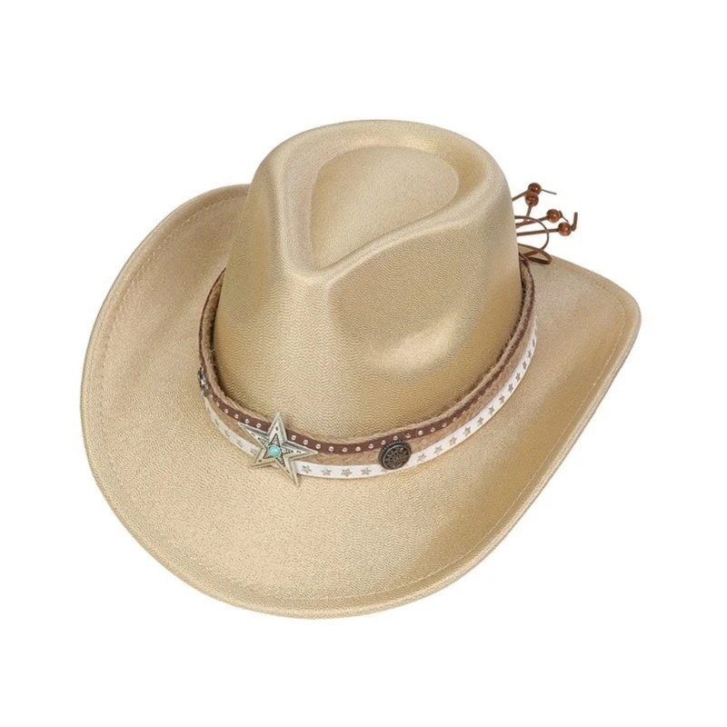 Roleplay Cowboy Hat for Adult WideBrim Fedoras Hat with Star Belts RolePlay Cowboy Hat CarnivalParty Costume Accessories