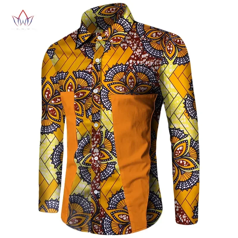 Bintarealwax Plus Size African Shirt for Men Dashiki Long Sleeve African Clothes Patchwork Casual Style Men Shirt WYN350