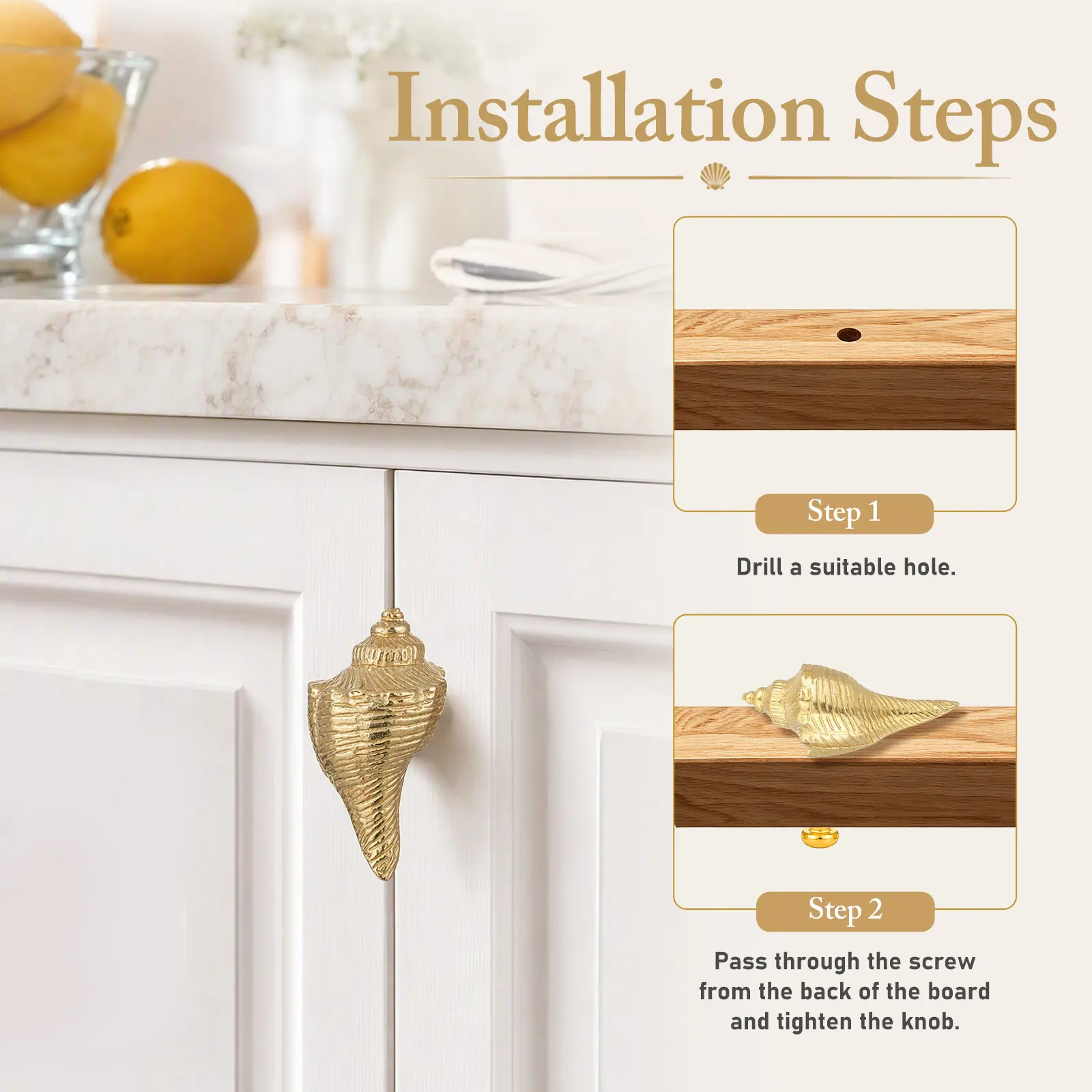 2Pcs Vintage Brass Conch Door Handles Nautical Shell Cabinet Knobs Coastal Drawer Pulls Rustic Decorative Hardware for Cabinets