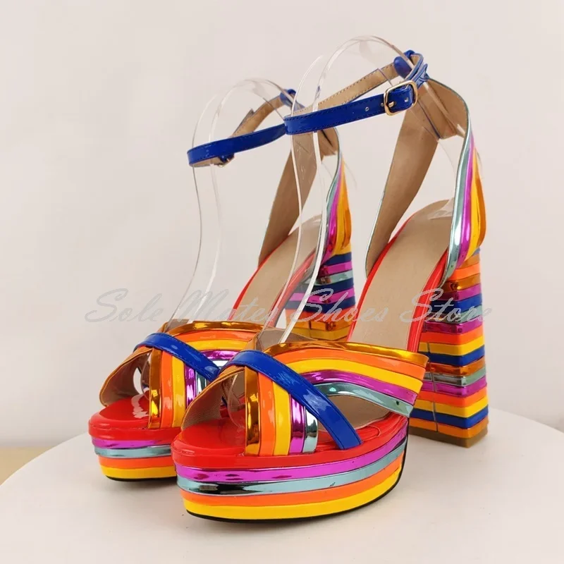 

Summer Rainbow Striped Platform Sandals Casual Ankle Strap Thick Heel Open Toe Woman Shoes Ladies Party Beach Fashion Footwear
