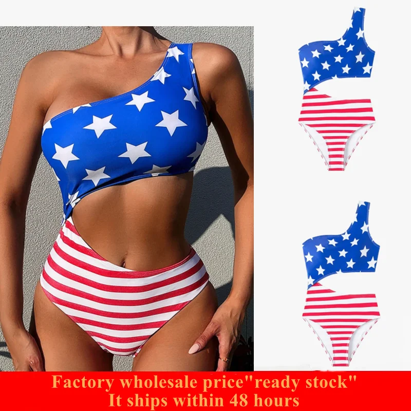 

Womens Swim Summer Beach Americana Print One Shoulder bikini Star and Stripe Print Asymmetric Cut Out One Piece Swimsuit