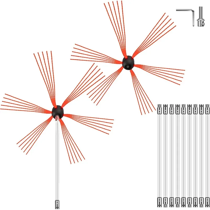 Chimney Sweep Kit 33FT Length, Chimney Brush Kit with 10 Nylon Flexible Rods and 2 Brush Head, Rotary Chimney Cleaning