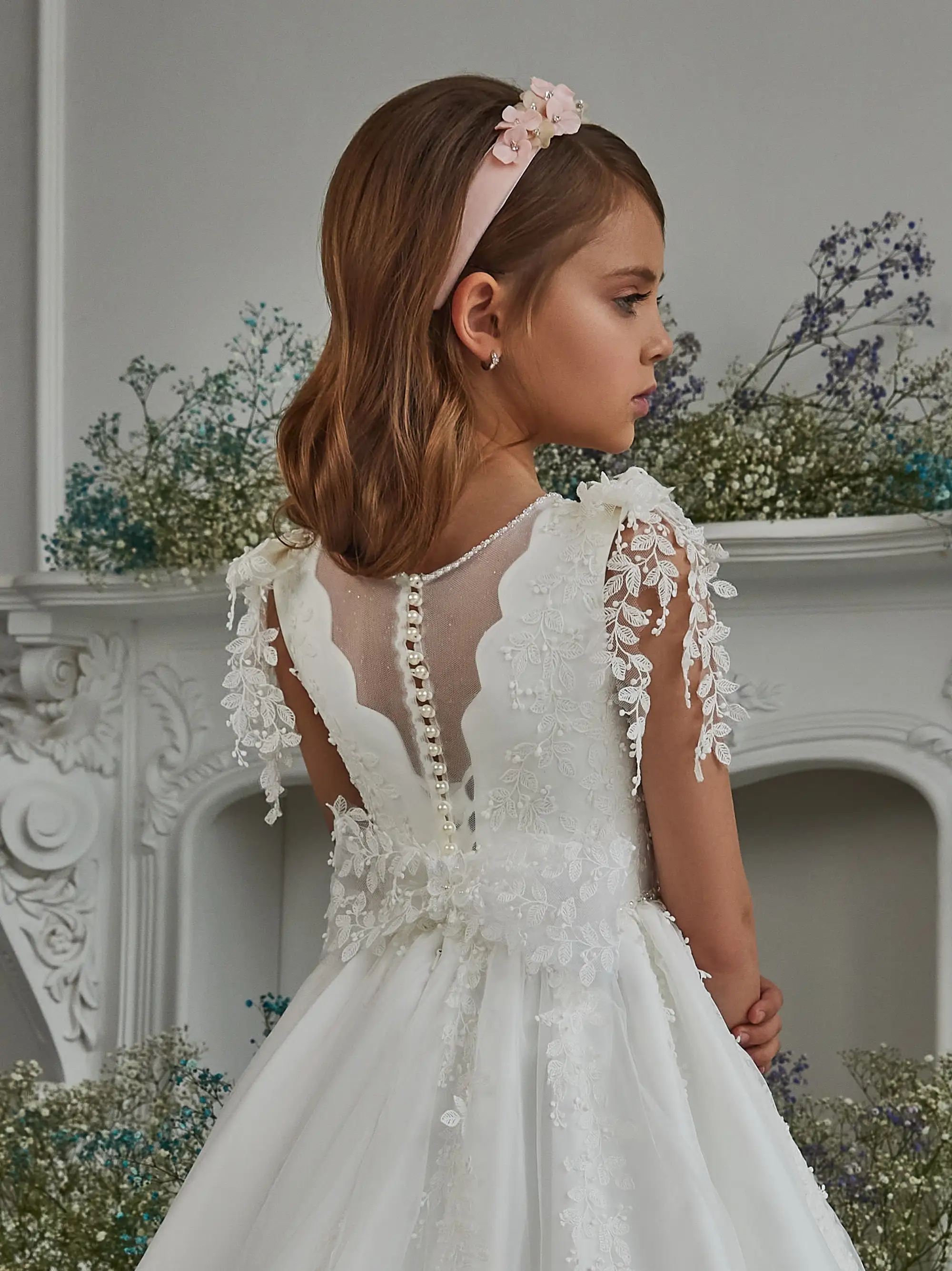 Girls First Communion Gown Bow Floral Lace Beaded Appliques Tulle Flower Girl Dresses Junior Bridesmaid Dress For Wedding Party