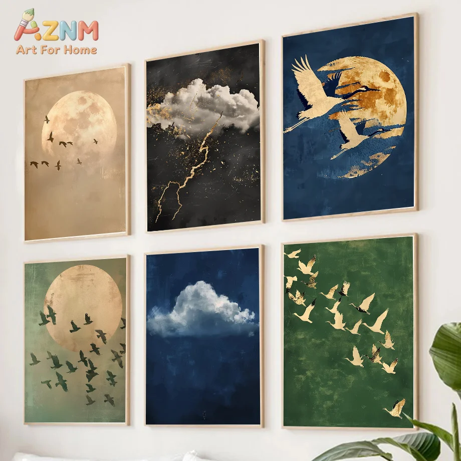 AZNM Retro Dark Green Moon Bird Canvas Wall Art Vintage Full Moon Cloud Flying Wild Bird Antique Texture Print Unframed Canvas B