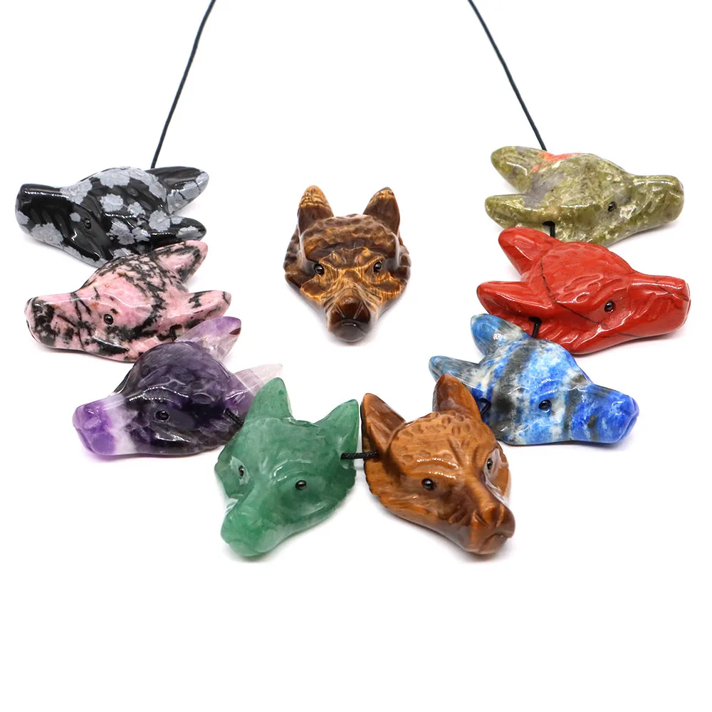 

1.5" Wolf Head Pendants Natural Healing Crystals Reiki Stones Amethyst Hand Carved Animal Gems for Jewelry Making Necklace Gifts