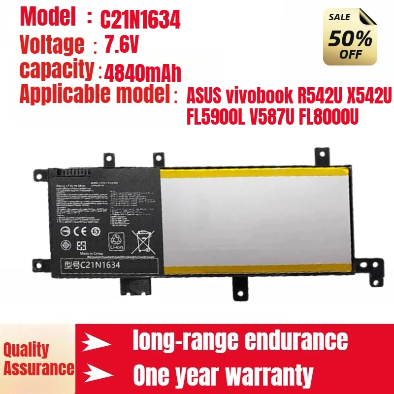 

C21N1634 Аккумулятор для ноутбука ASUS, подходит для ASUS vivobook R542U X542U FL5900L V587U FL8000U большой емкости 7,6 В 4840 мАч