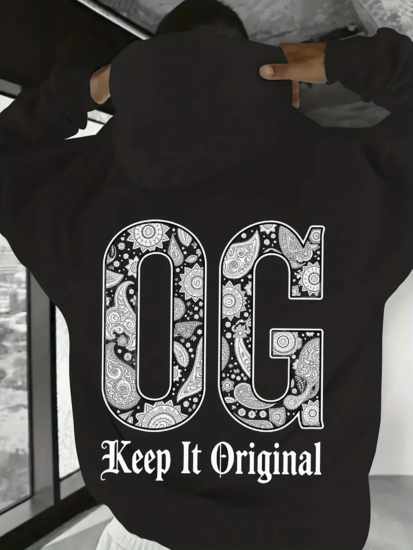Men'S OG Paisley Print Hoodie - Gothic 'Keep It Original' Logo & OG Lettering, Black & White Retro Streetwear Pullover with Kangaroo Pocket, Machine Washable Winter Warmth Casual Sweatshirt (Orig, Cute Sweatshirts, Streetwear Fashion, Fun Design