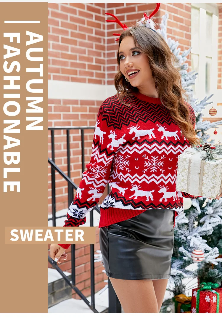 

Cute Round Neck Warm Sweater 2025Christmas Knitted Women's Sweater Autumn/Winter New Product Deer Little Snowflake Embroidered