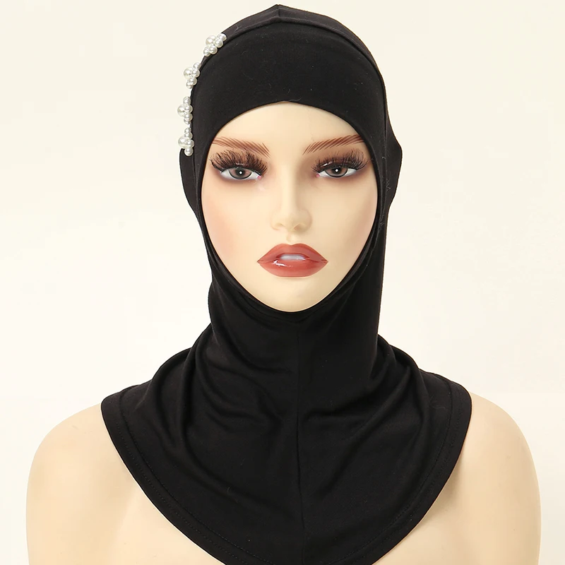 Beading Folral Soft Modal Headband Elastic Hijab Undercap Solid Color Bonnet Big Size Instant Cap Turban Muslim Underscarf