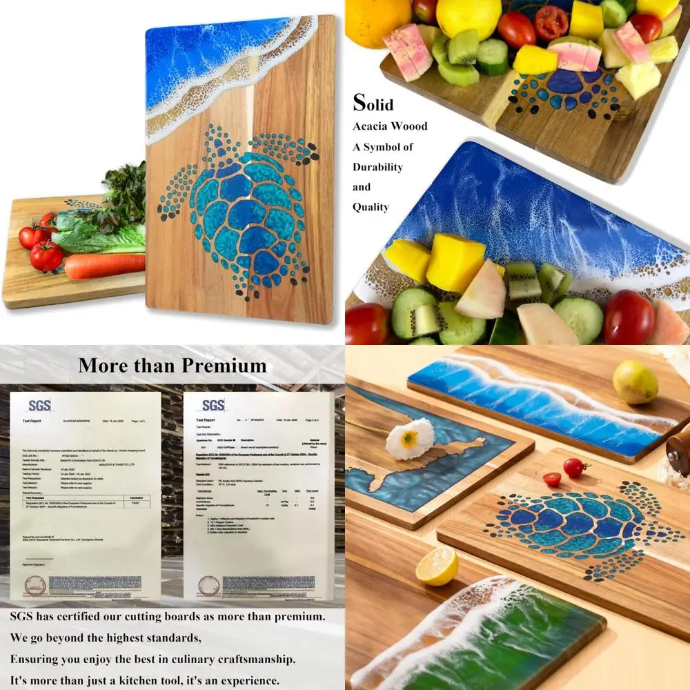 

Экологичная разделочная доска из дерева акации с голубой волной и эпоксидной смолой морской черепахой для приготовления еды на кухне, сервировки и Vers