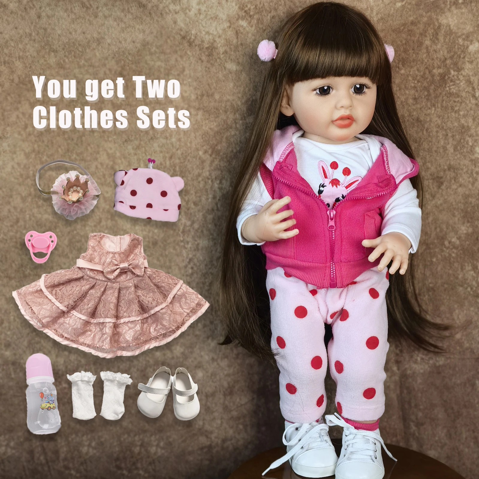 

55 Cm Reborn Baby Dolls Long Brown Hair Girl Full Silicone Vinyl Newborn Doll With 2 PCS Clothes sets DIY Kids Playmates Toy