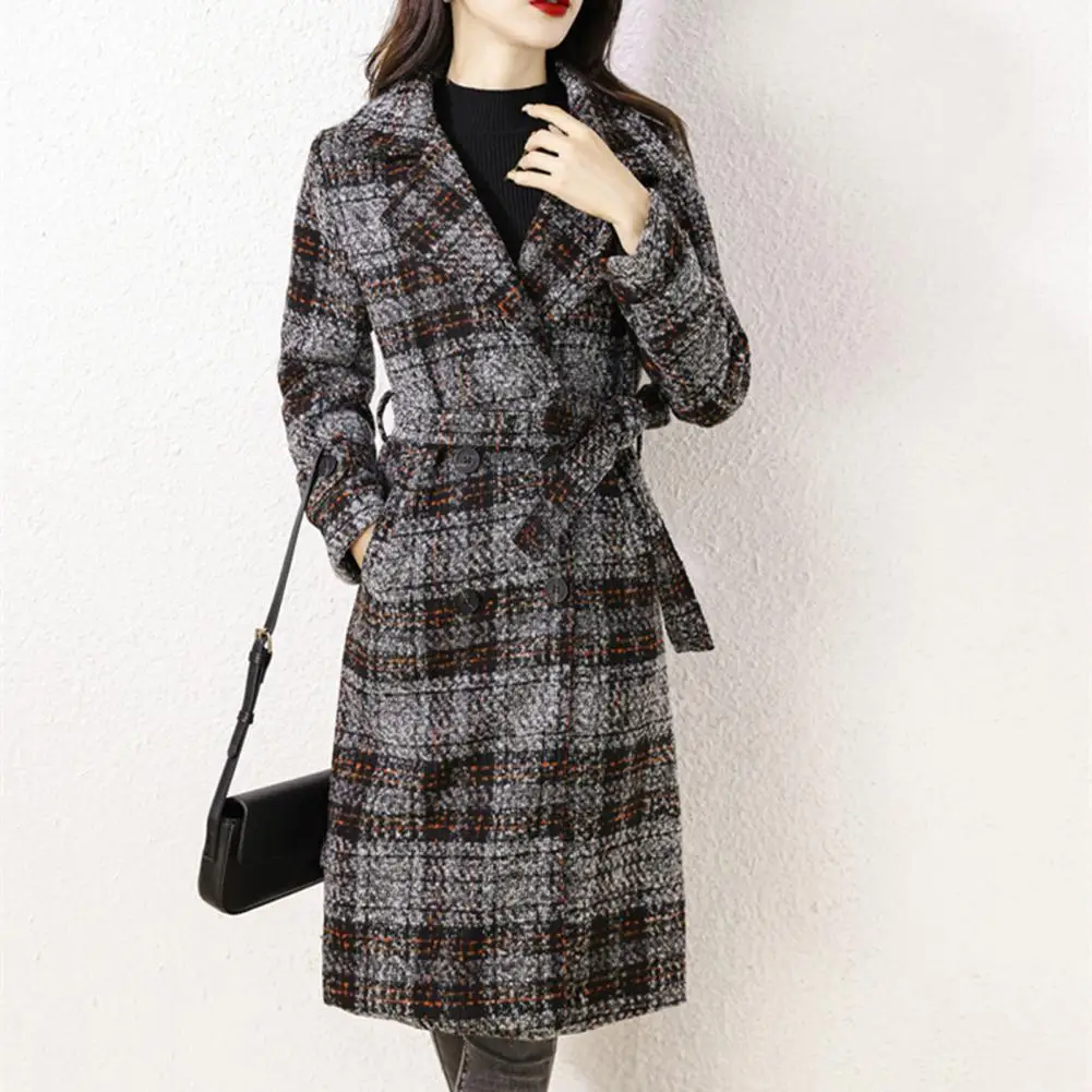 

Women Woolen Coat Stylish Plaid Print Woolen Coat with Belt Pockets for Women Slim Fit Lapel Overcoat for Autumn Winter Fashion