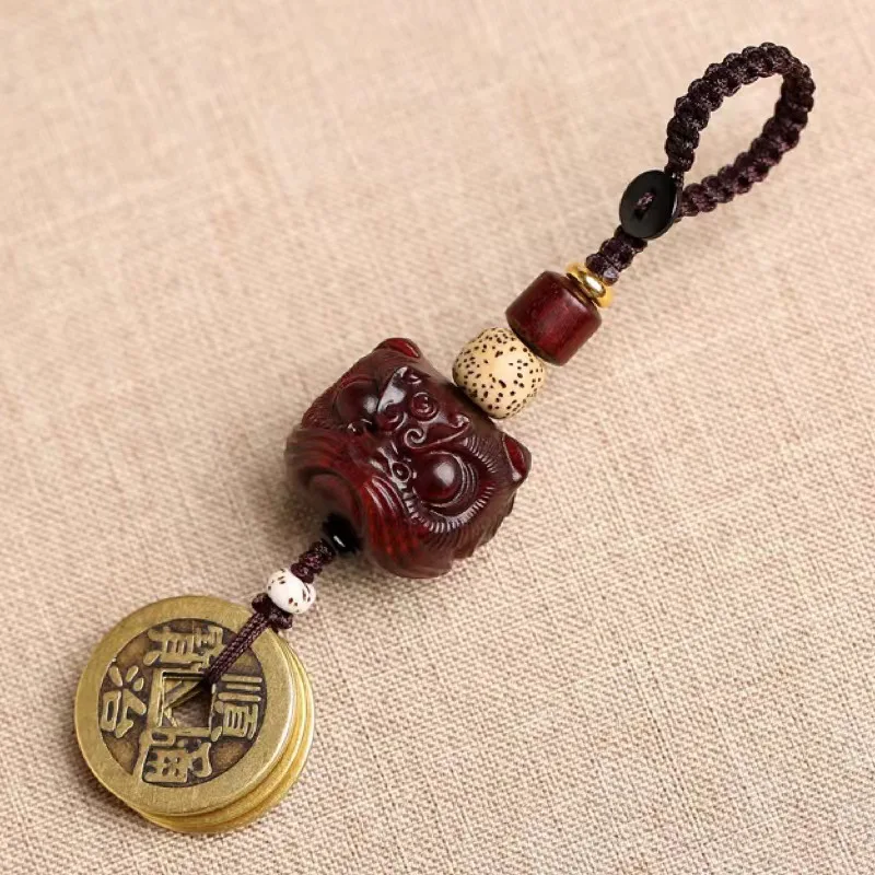 [Lion Running] Pterocarpus Santalinus Brass Qing Dynasty Five Emperors' Coins Lion Car Key Ring Pendant Blackwood P Lukcy Chamrs