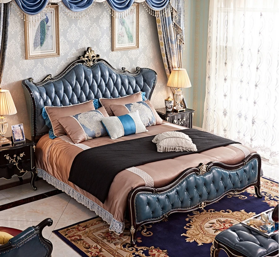 

*o #$Luxury Bedroom Furniture Set - Classical Royal Carved Leather Double Bed, European Antique Style King Size Bed Set#