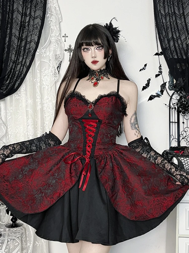 AltGoth Dark Gothic Lolita Dress Women Halloween Vintage High Waist Lace Patchwork Red Rose Jacquard Dresses Cosplay Partywear