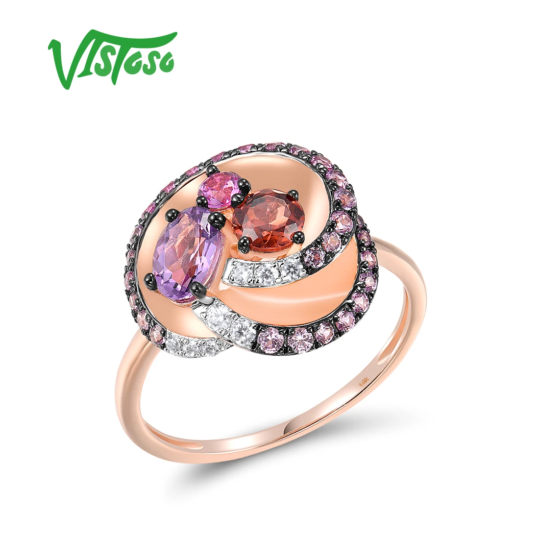 

VISTOSO Real 14K 585 Rose Gold Ring For Women Sparkling Diamond Multi-Color Gems Cluster Party Wedding Delicate Fine Jewelry