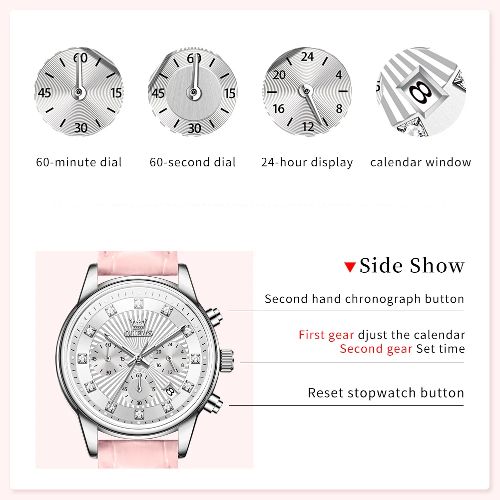 OLEVS 3669 Leather Strap Original Quartz Watch for Women Diamond Dial Classic Chronograph AutoDate Waterproof Women's Wristwatch