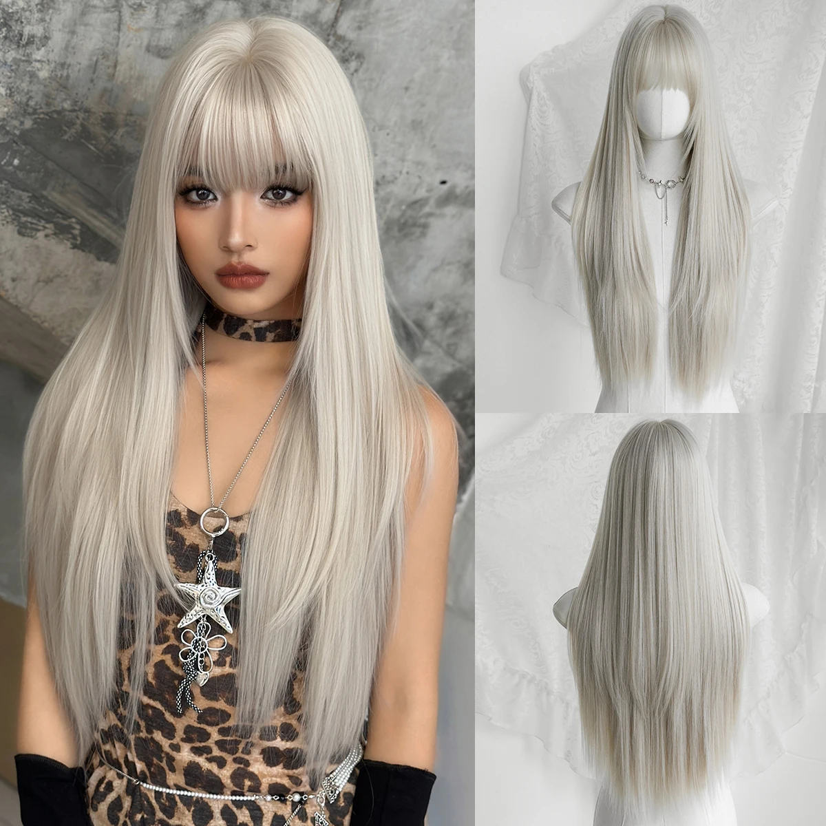 

NAMM New Fashion Long Straight Beige Ash Wig Natural Looking High Quality Fiber Synthetic Wig for Women Daily Party Use