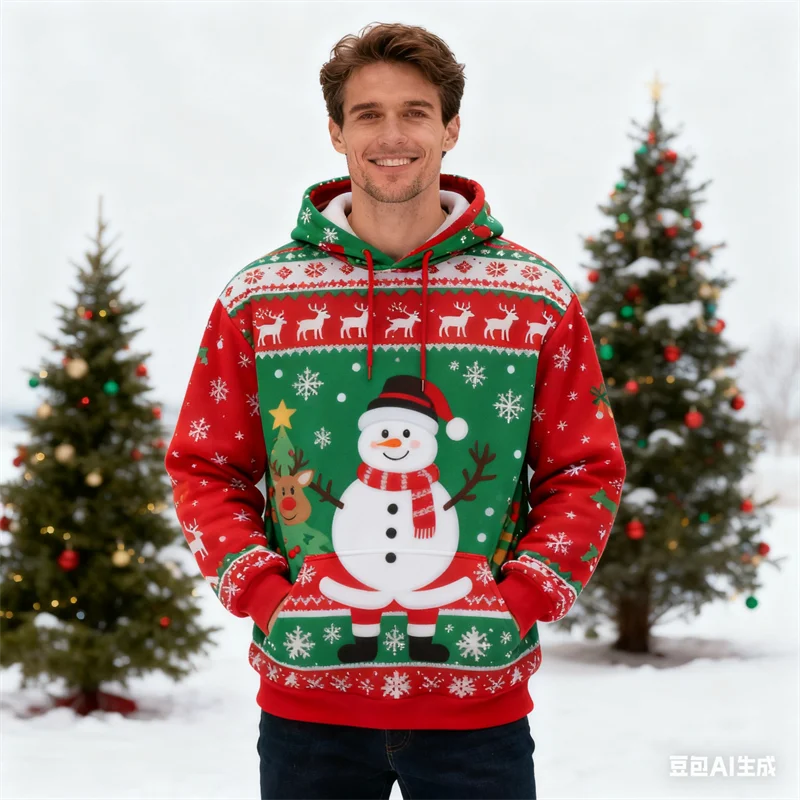 

Men's Hoodie 3D Snowman Printed Fashion Sweatshirt Christmas Elk Graphic Pullover Loose Leisure X'mas Carnival Party Y2k Clothes