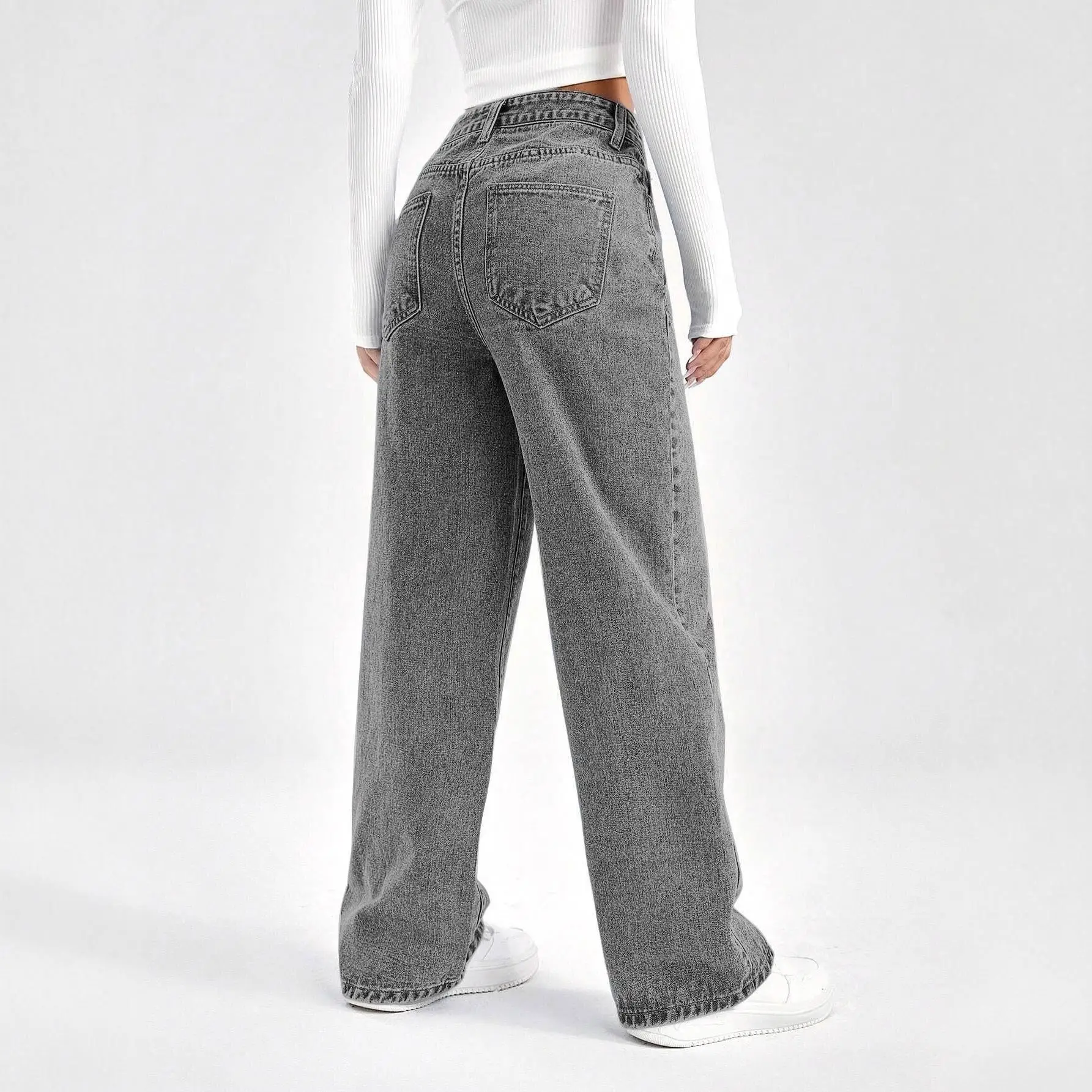 High Waist Wide Leg Jeans Women's Gray Washed Denim Pants Comfortable Fit Straight Cut Trousers for Universal Audience
