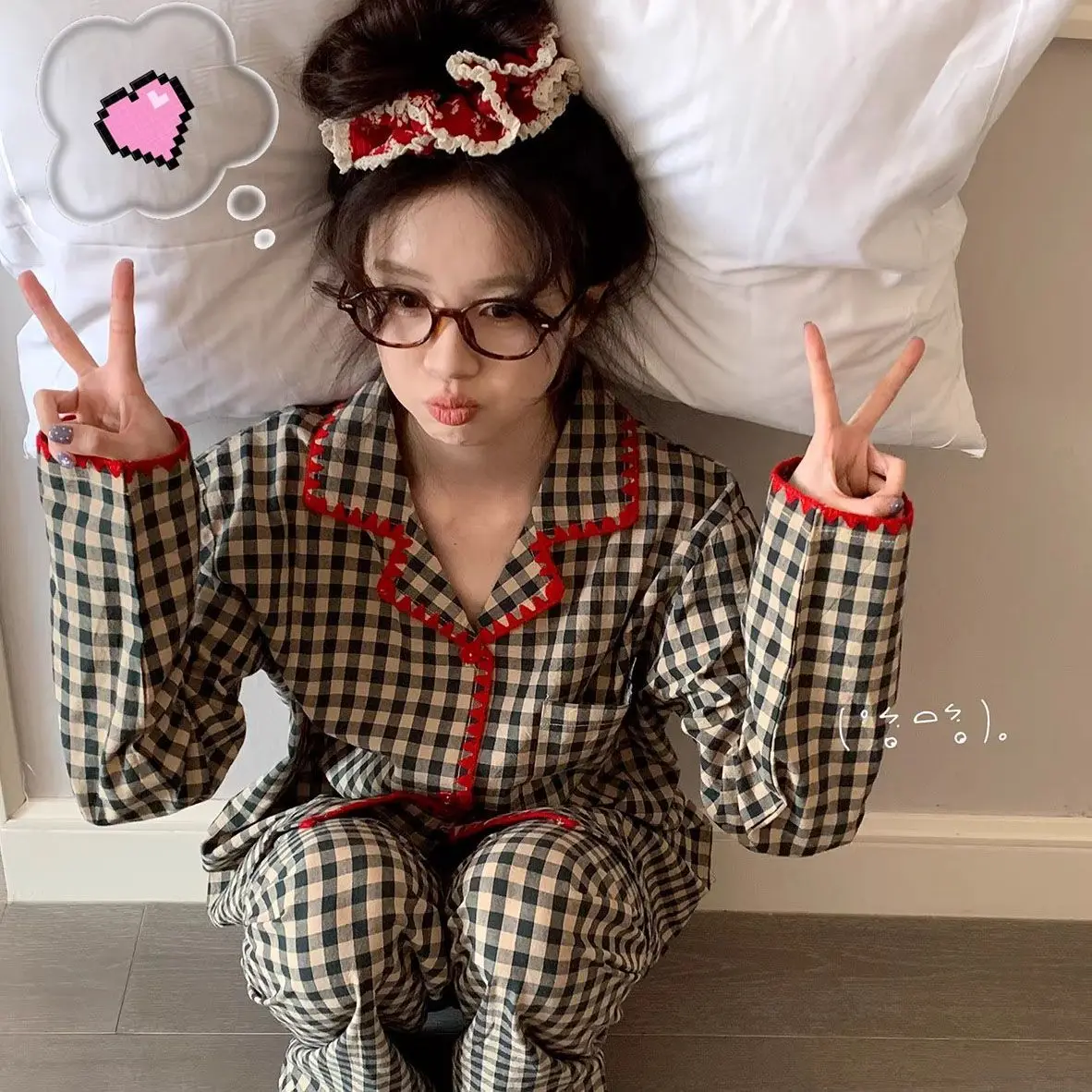 

Комплект женской пижамы: модная домашняя одежда для весны и осени, пижама в корейском стиле с контрастными цветами, милый дизайн