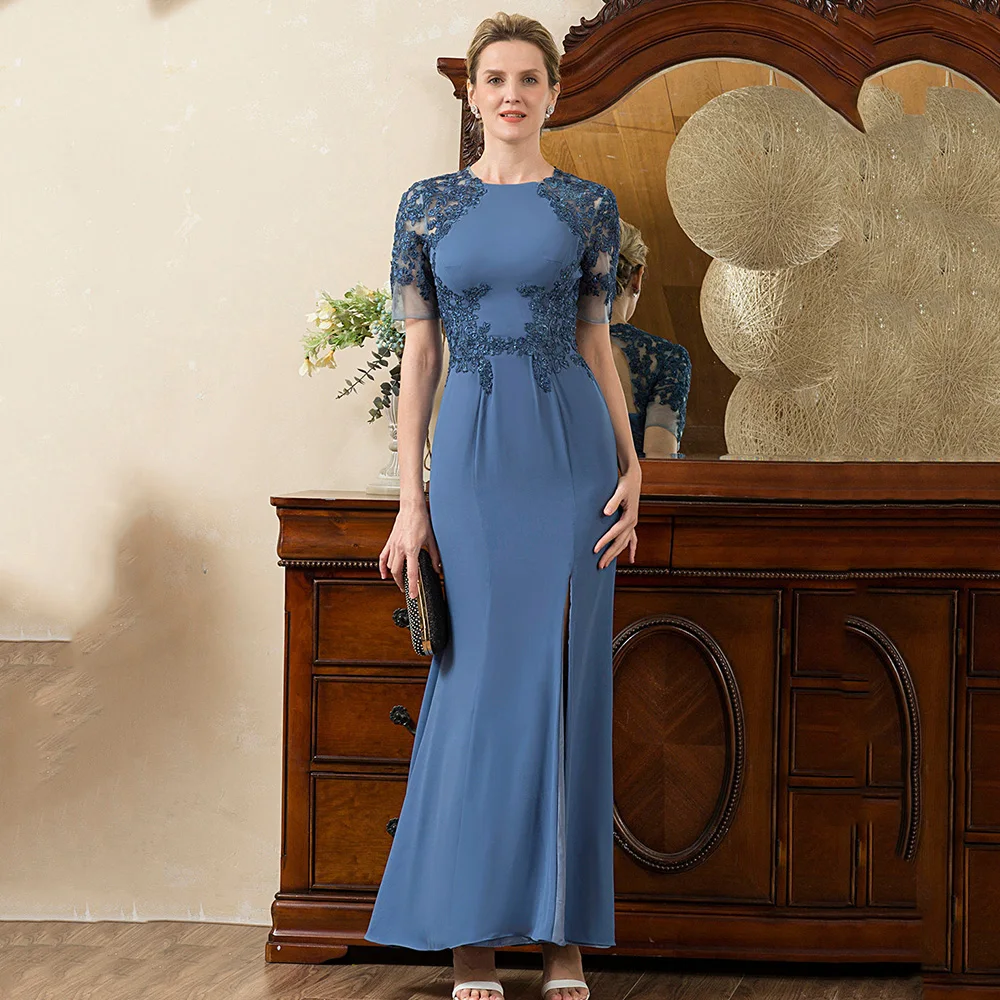 

Customized Mother of the Bride Dresses Short Sleeve Backless Vintage Round Neck Dress Sheath Lace Floor-Length Mère robe