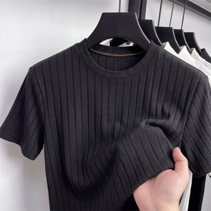 Herren Basic Geripptes Rundhals-T-Shirt Kurzarm Casual Business Wear für Herren Sommer Alltags- und Bürokleidung – Detail 9