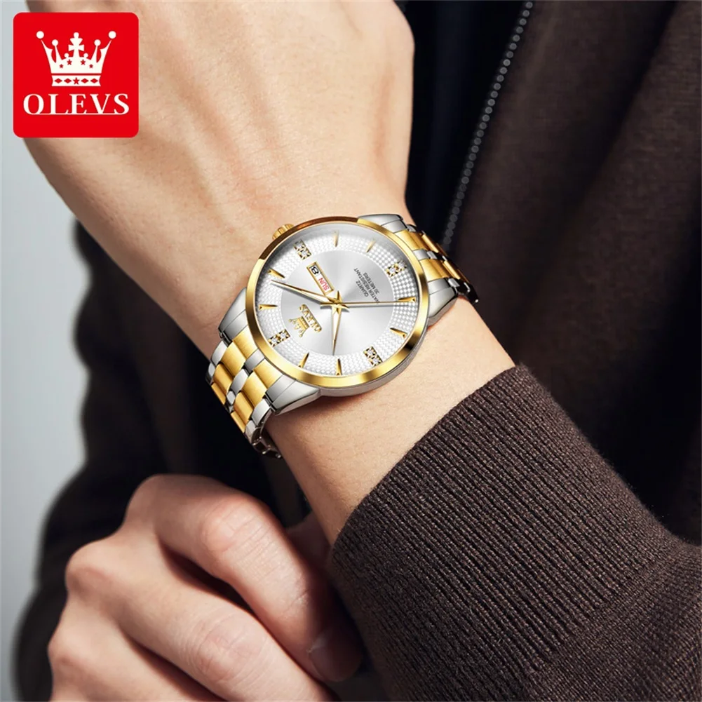 OLEVS 9917 Dual Calendar Quartz Watch For Men Diamond Luxury Dress Hand Clock Stainless Steel Waterproof Business Man Watches