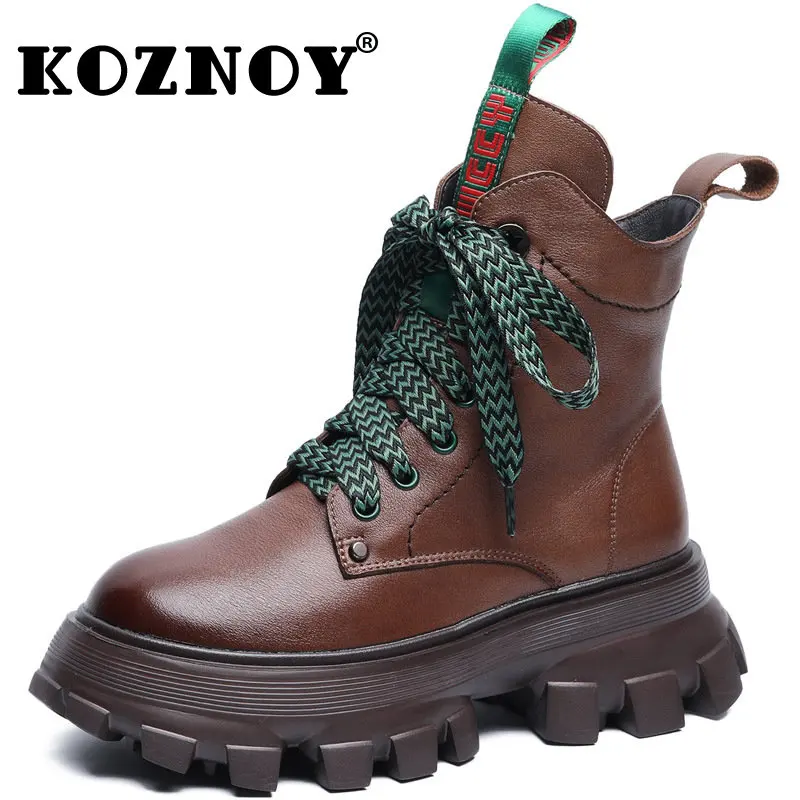 Koznoy New In Women\'s Boots 5cm Genuine Leather Wedge Ankle Ethnic ZIP Platform Warm Winter Plush Moccasins Autumn Spring Shoes