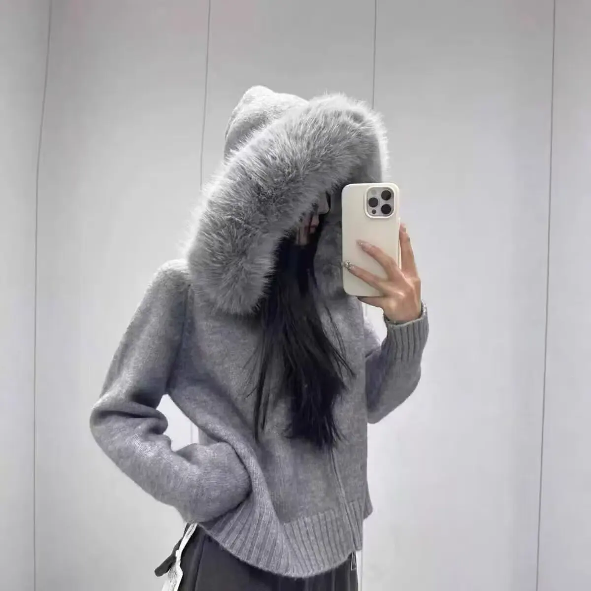 

Women's Solid Color Hooded Cardigan Autumn Winter Fashion Casual Warm Faux Fur Knit Jacket Collar Zipper Slim-Fit Coat