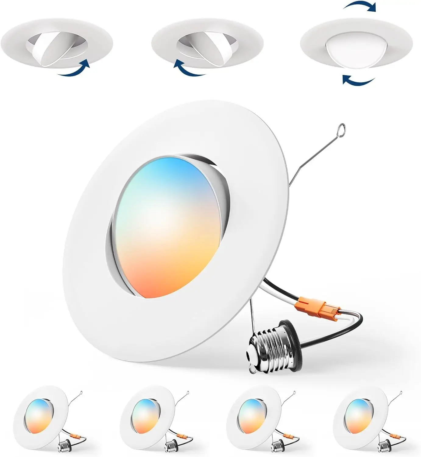 

4 Pack 6' Adjustable Eyeball LED Can Lights, 5CCT Dimmable, 2700K-5000K, 7W 650LM, ETL/FCC
