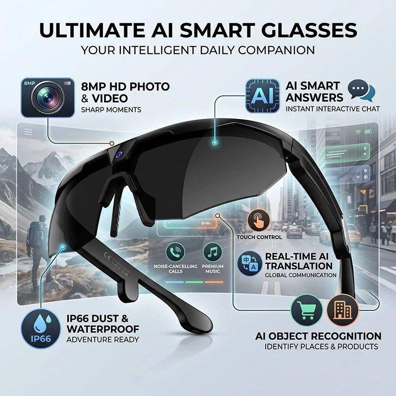 AI Smart Translator Glasses With 8MP Camera 2026 Outdoor Sports Cycling Headphones Touch Control Windproof Bluetooth Sunglasses