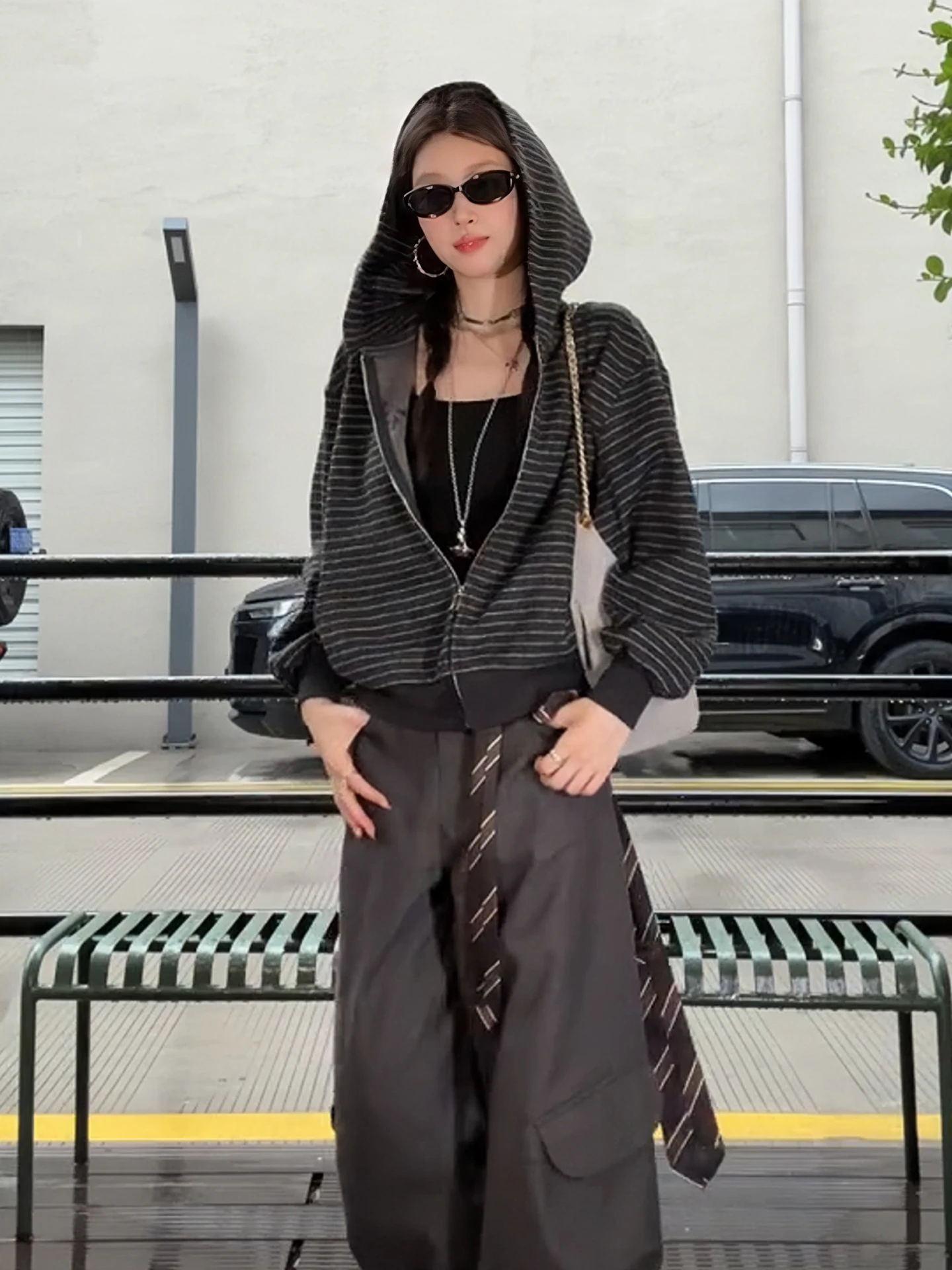 

Retro American Lazy Style Striped Color Block Hoodie Women's Loose Casual All Match Zipper Open Cardigan Outerwear