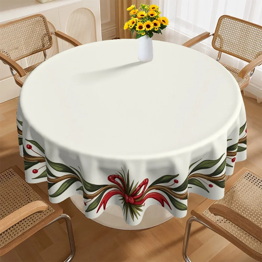 Round tablecloth, suitable for round tables, decorated with white garlands and red bows - elegant and festive mechanismxzj
