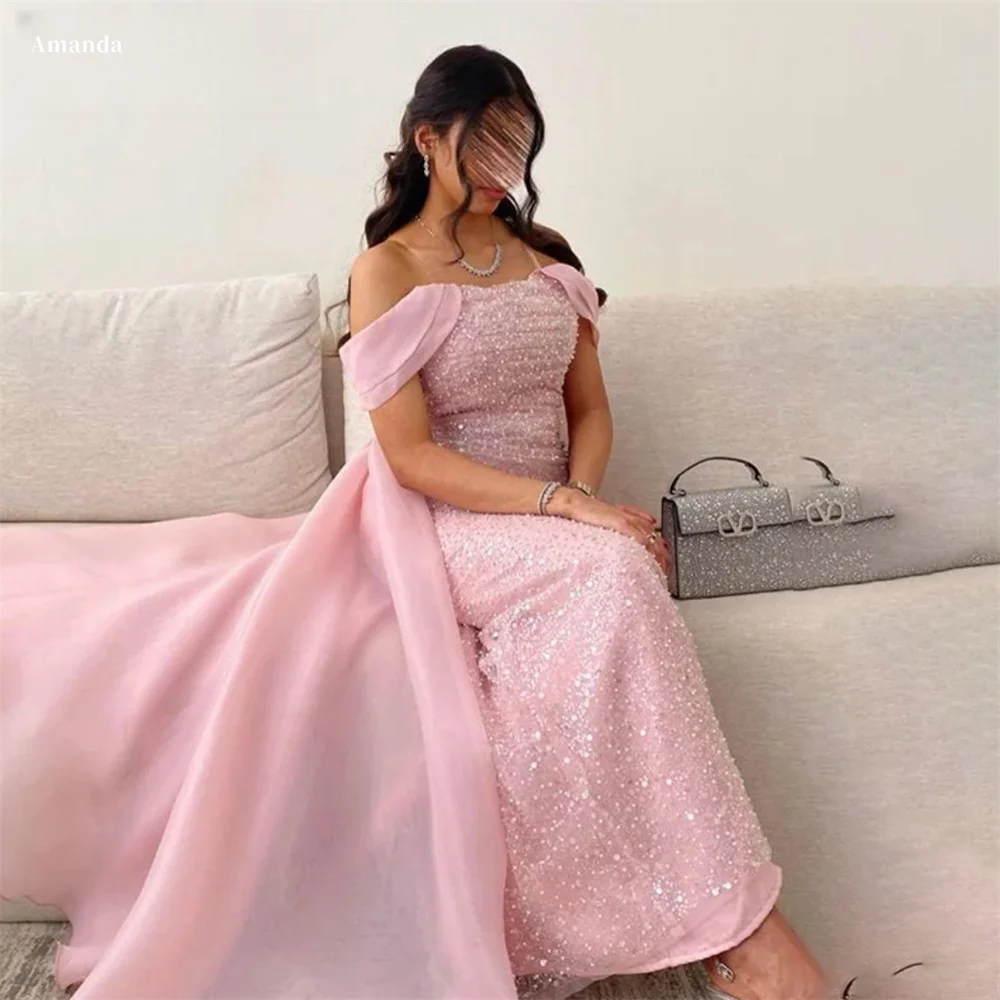 Amanda Baby Pink Glitter فساتين سهرة Off the Shoulder Mermaid vestidos de fiesta Elegant Sleeveless Ankle-Length Porm Dresses