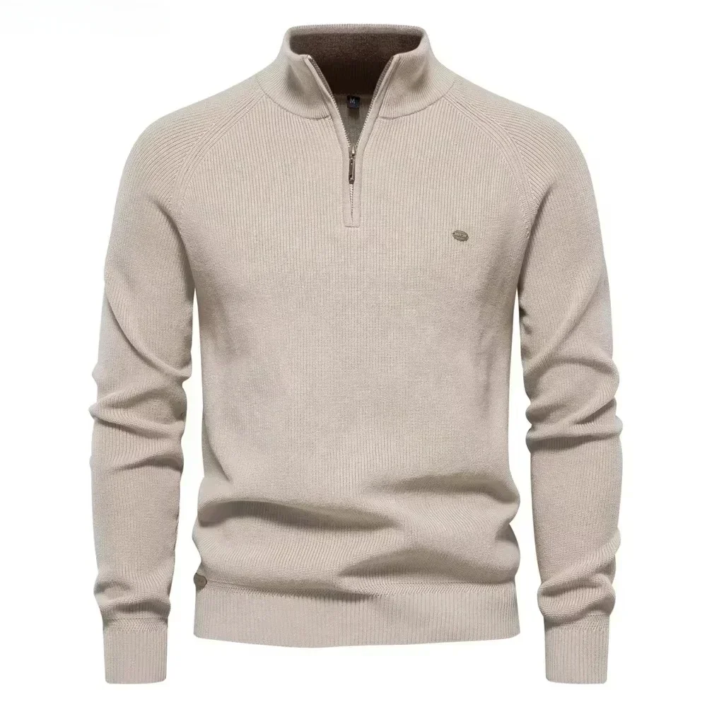 New Men's Sweater Half High Neck Zipper Solid Elastic Slim Fit Long Sleeve Pullover Casual Business Men Knitted Pullover Sweater