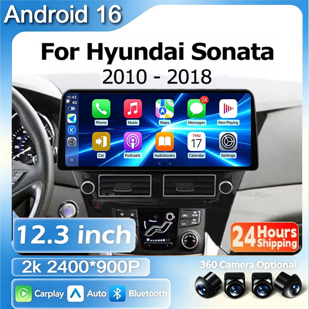 Android 16 WIFI 12.3 inch For Hyundai Sonata 2010-2018 Car Radio Multimedia Rounded Touch Screen Android Auto Carplay BT DSP
