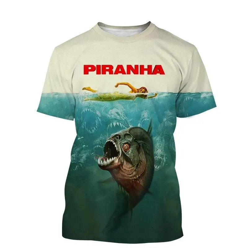 Piranha 3d Printed Pattern Summer Men\'S Short Sleeve Street Trend Personality Retro T-Shirt Creative Harajuku Loose Quality Top