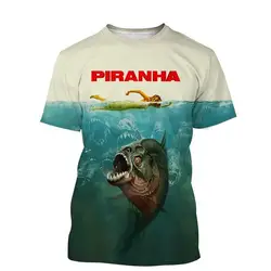 Piranha 3d Printed Pattern Summer Men'S Short Sleeve Street Trend Personality Retro T-Shirt Creative Harajuku Loose Quality Top