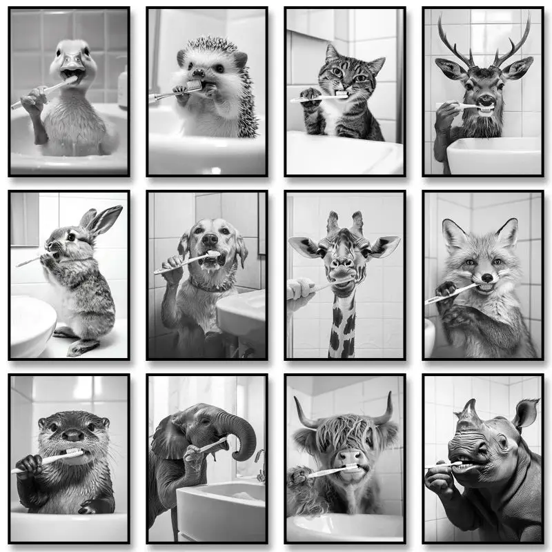 أسود أبيض مضحك الحمام بالفرشاة الأسنان المشارك خمر نمط الحيوان قماش اللوحة طباعة جدار صورة فنية للديكور المنزل #1