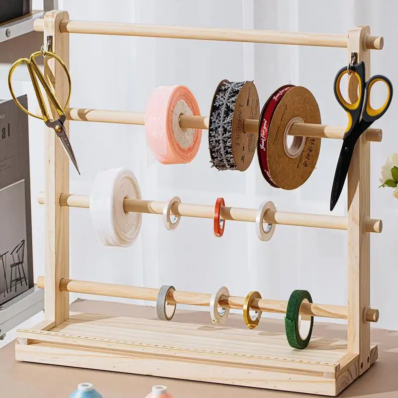 

4 Tier Wooden Ribbon Rack Ribbon Holder Storage Shelf for Sewing Craft Ribbon Stand Organizer Ribbon Storage Rack