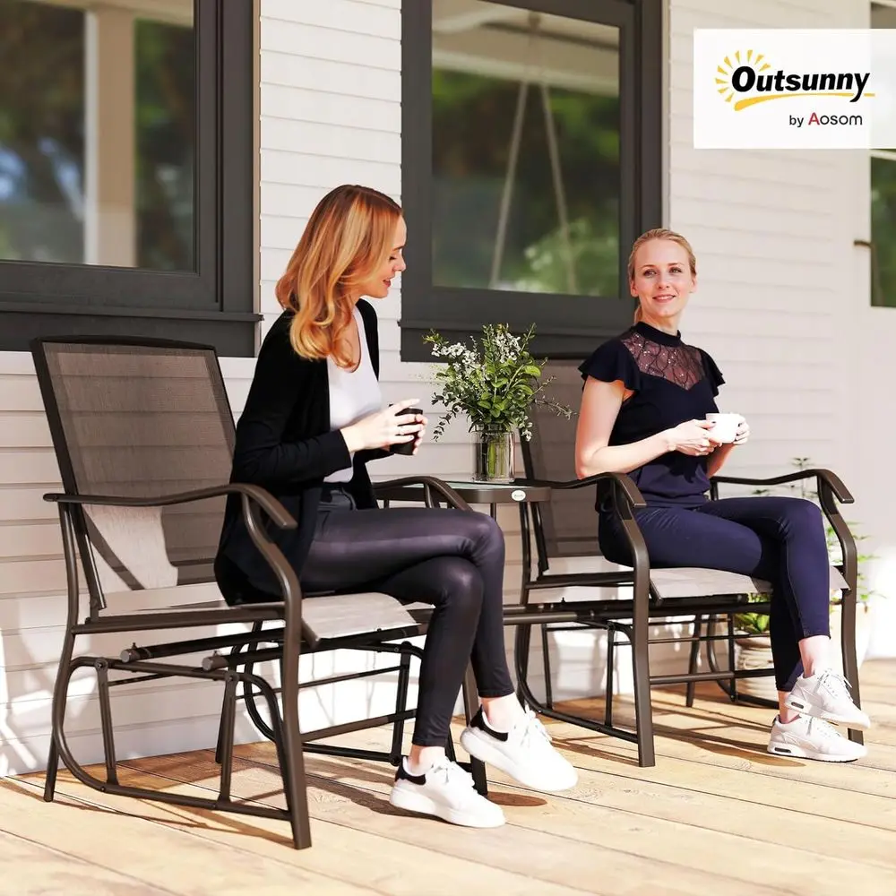 2-Seat Outdoor Glider Loveseat with Table, Brown, Perfect for Patio and Garden Relaxation