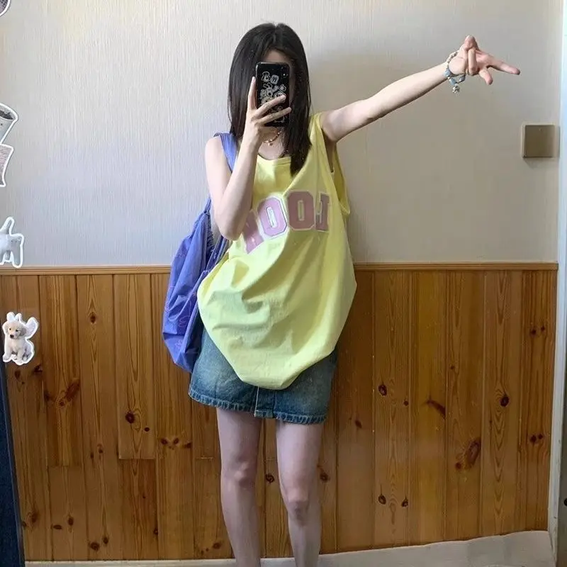 

Women Clothing Summer Korean Fashion Printing Letter Solid Color Femme All-match Fashionable Appear Thin Large Size Tank Top