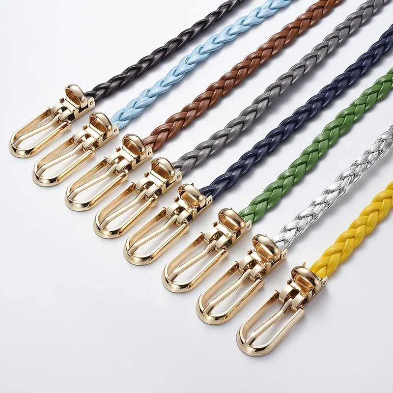 Women Braided Thin Waist Belt Adjustable Gold Metal Pin Buckle Fashion Accessory For Dresses Jeans Daily Casual Outfits
