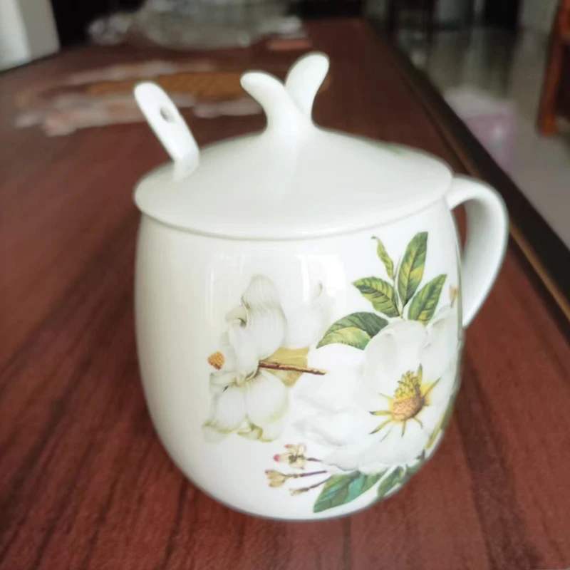 Chinese Style Ceramic Cute Mug, Home Personal Office Goods, Creative With lid, Floral Pattern, Milk Water Coffee Cup, 400ml, 1Pc